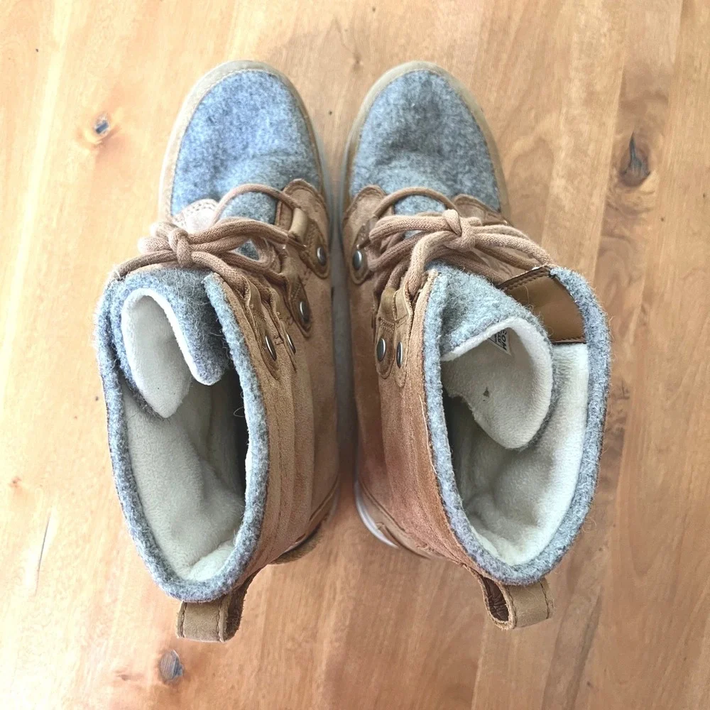 Sorel Explorer Joan Waterproof Suede Felt Winter Boots Tan Grey  Womens 8.5